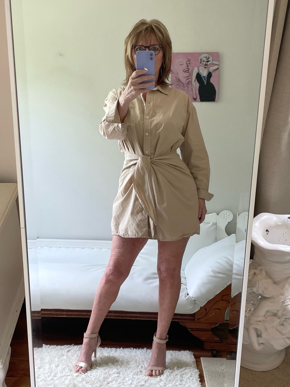 UNIVERSAL THREAD TAN LONG SLEEVE TWIST WRAP SHIRT DRESS BUTTON FRONT COTTON
